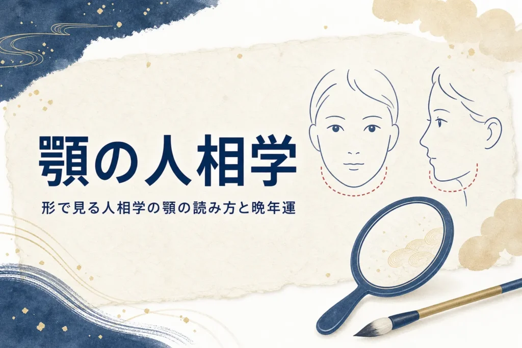 あごを点線で囲んだ顔の線画と手鏡に「顎の人相学」の文字が入ったアイキャッチ