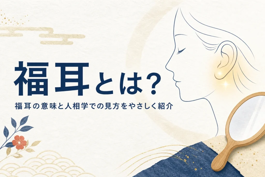 横顔の線画と手鏡に、福耳の意味と人相学での見方を紹介する記事タイトル