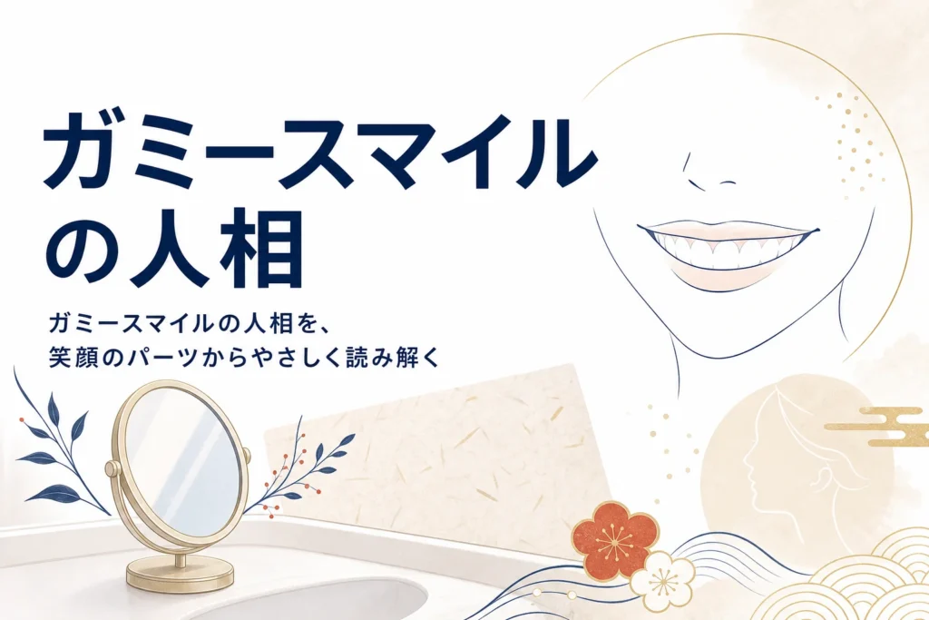 手鏡とほほえむ口元の線画に「ガミースマイルの人相」の文字が入ったアイキャッチ