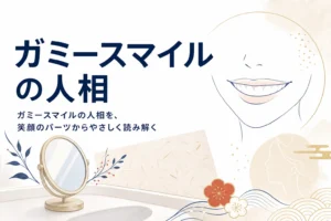 手鏡とほほえむ口元の線画に「ガミースマイルの人相」の文字が入ったアイキャッチ