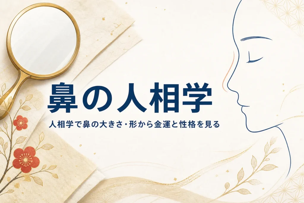 手鏡と横顔の線画に「鼻の人相学」の文字