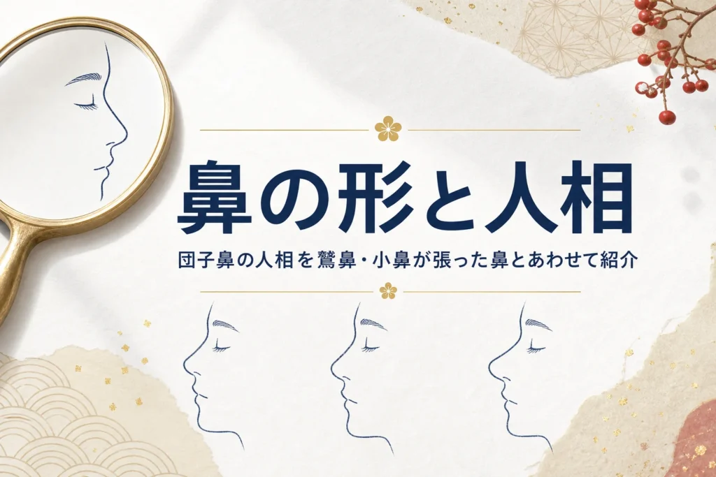 手鏡と鼻の形が違う横顔の線画に「鼻の形と人相」の文字