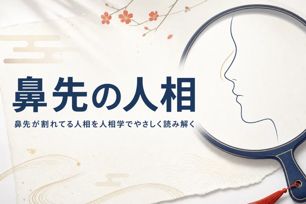手鏡と横顔の線画に「鼻先の人相」の文字
