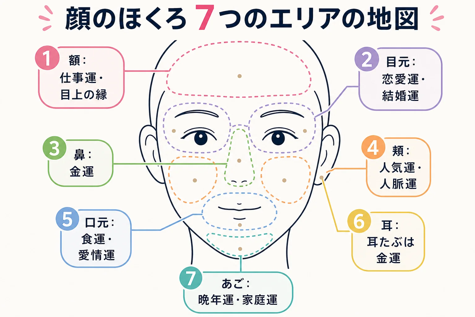 顔を額・目元・鼻・頬・口元・耳・あごの7つのエリアに分け、ほくろの位置の意味を示した顔の地図