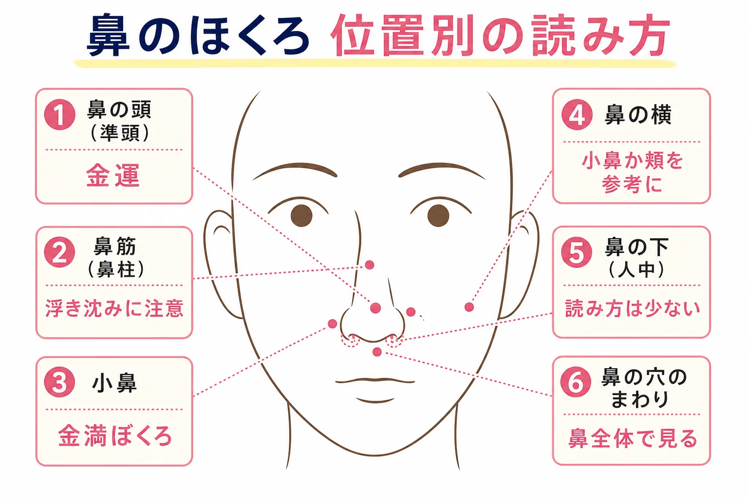 鼻のほくろの位置を正面顔の線画に番号で示した図解