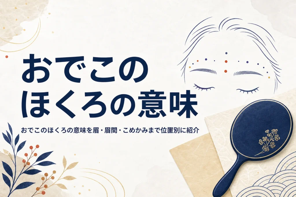 手鏡と額の線画に、おでこのほくろの意味を紹介する記事タイトルが入ったアイキャッチ