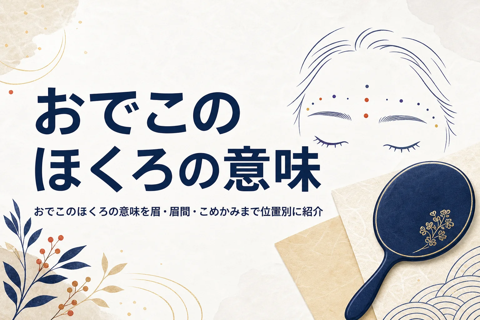 手鏡と額の線画に、おでこのほくろの意味を紹介する記事タイトルが入ったアイキャッチ
