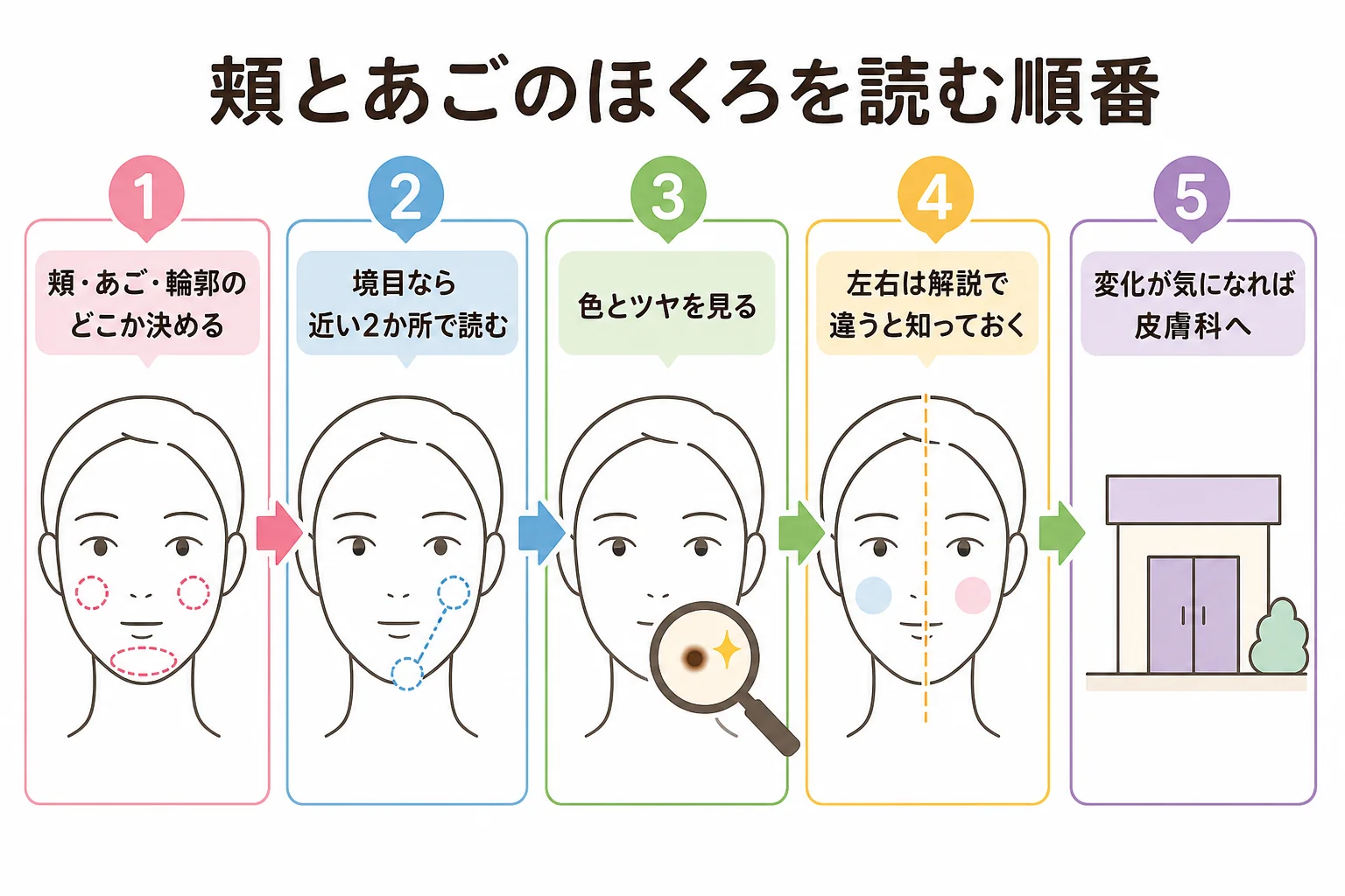 頬とあごのほくろを場所・左右・色とツヤの順に読む流れを示した図解