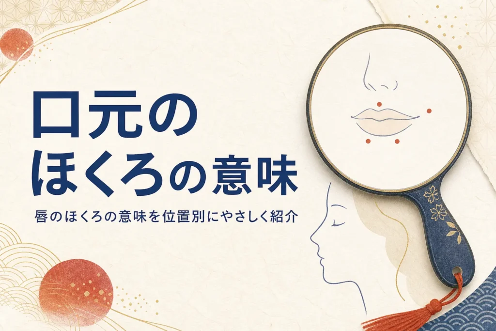手鏡と口元の線画に、唇のほくろの意味を紹介する記事タイトルが入ったアイキャッチ