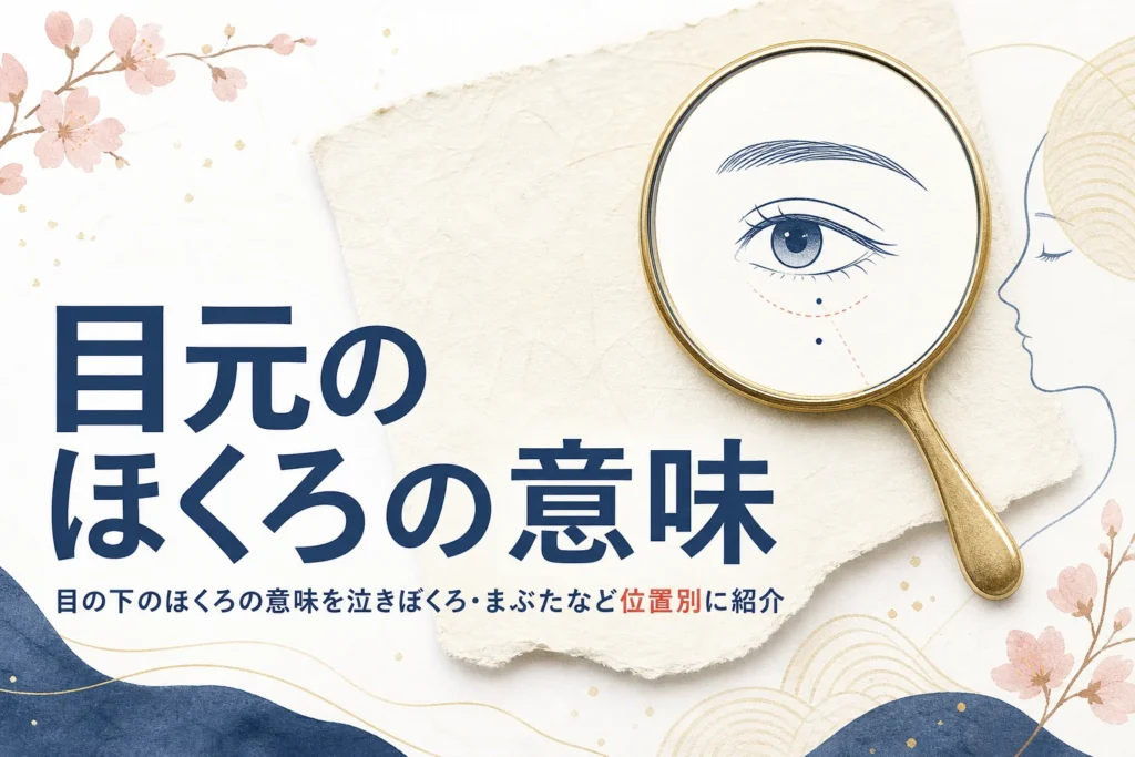 手鏡と目元の線画に、目の下のほくろの意味を紹介する記事タイトルが入ったアイキャッチ