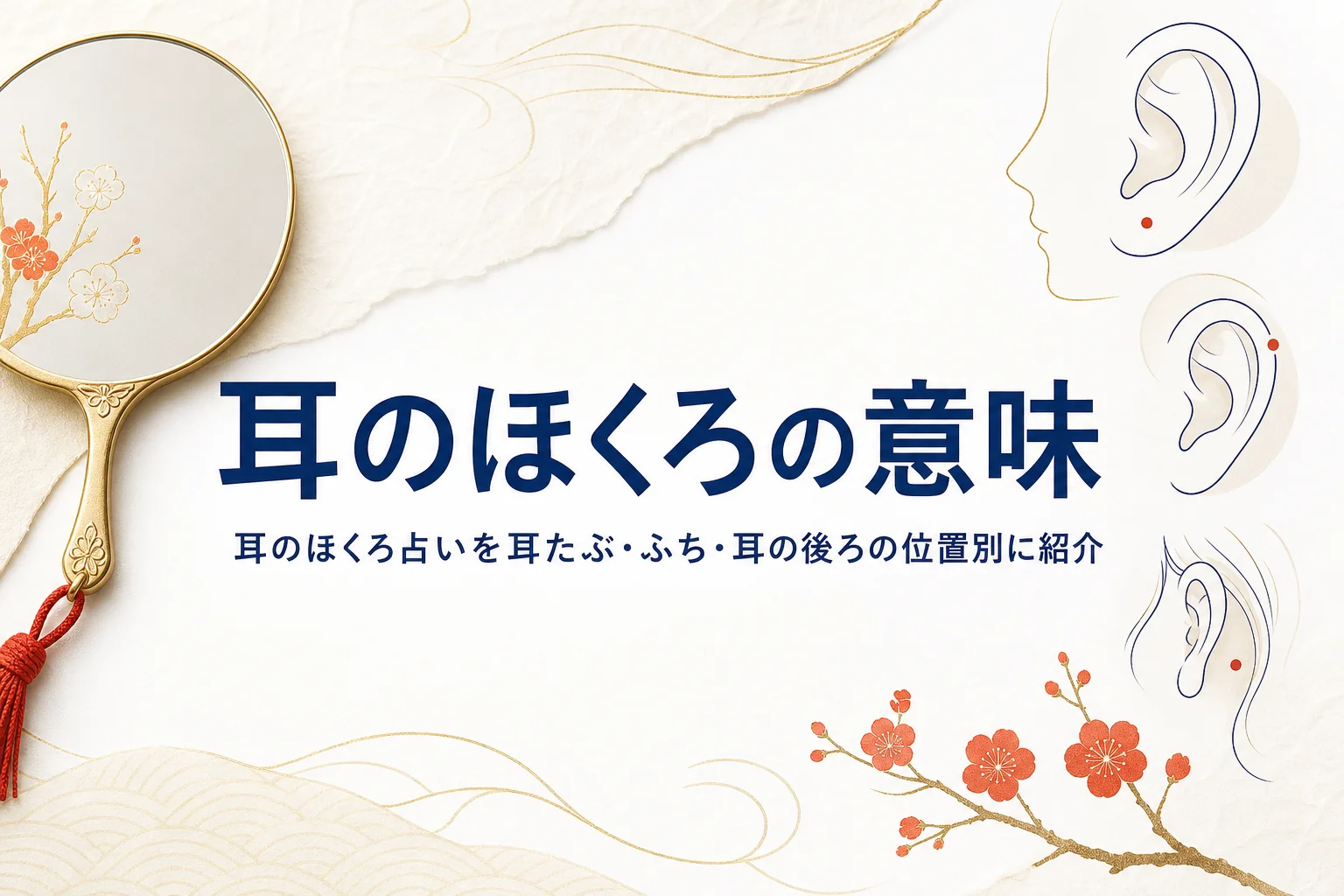 手鏡と耳の線画に、耳のほくろ占いを位置別に紹介する記事タイトルを添えたアイキャッチ