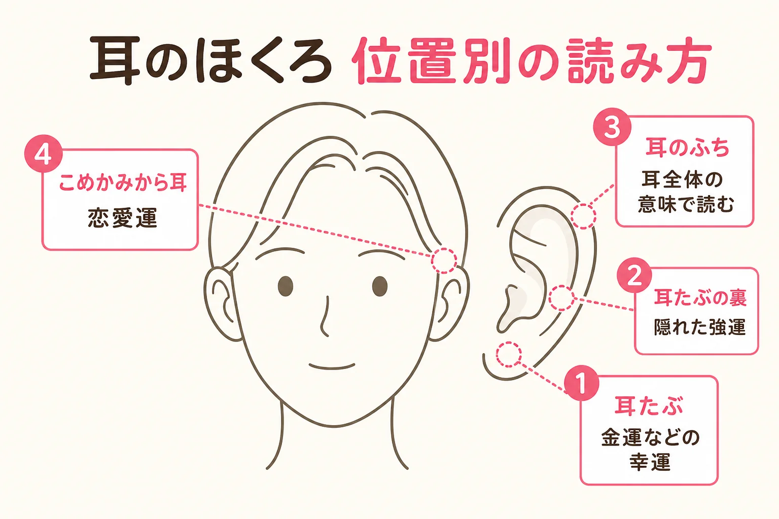簡略な線画の耳に番号で耳たぶ・ふち・耳の後ろ・こめかみ寄りの場所を示し、ほくろ占いでの読み方を並べた図解
