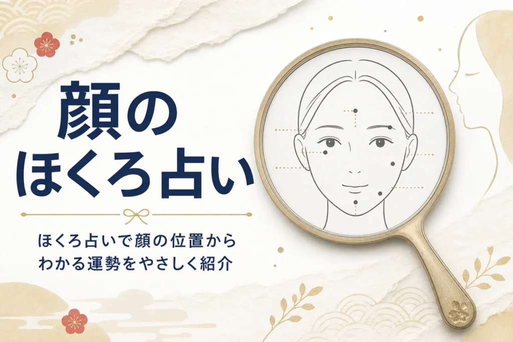 手鏡と正面顔の線画に「顔のほくろ占い」の文字が入ったアイキャッチ