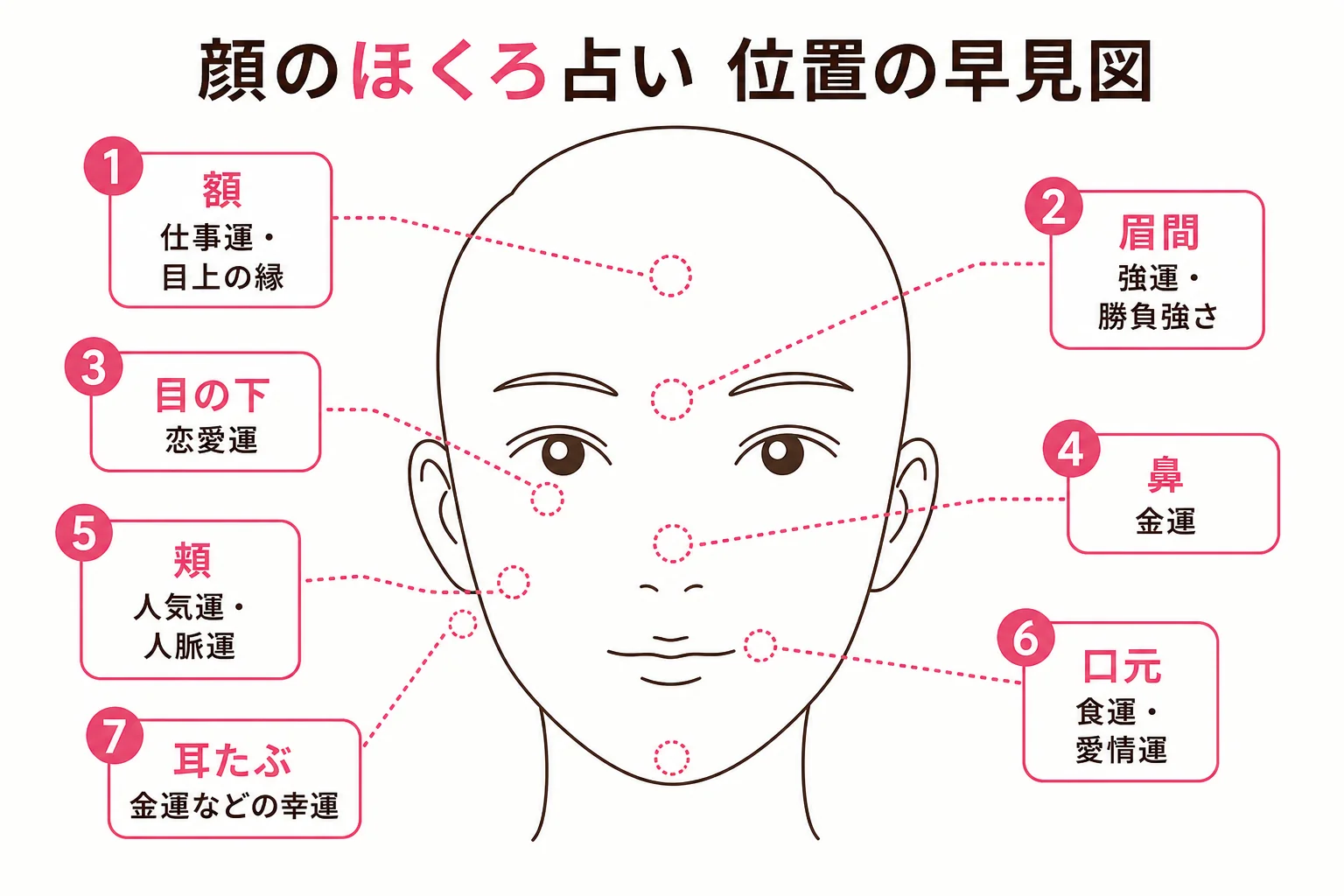 顔のほくろの位置ごとに表すとされる運を、正面顔の線画に番号で示したほくろ占いの早見図