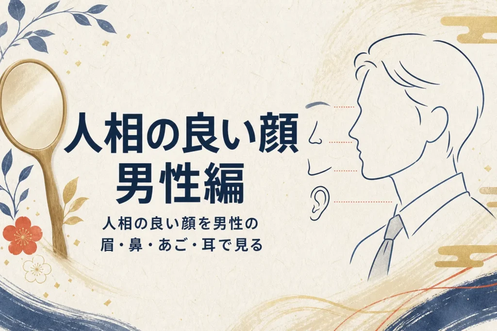 手鏡と横顔の線画に、人相の良い顔を男性の眉・鼻・あご・耳で見る記事タイトル