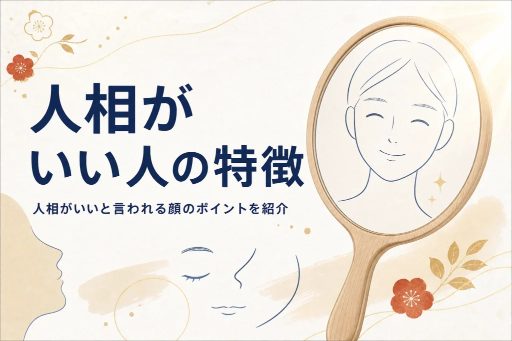 手鏡と笑顔の線画に、人相がいい人の特徴と良い顔と言われるポイントを紹介する記事タイトル