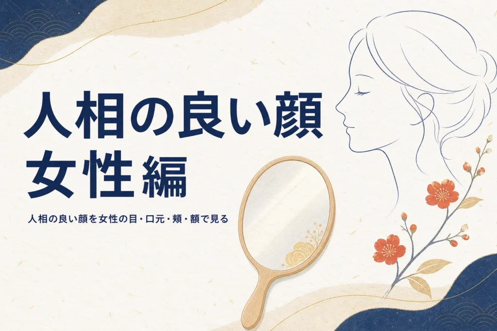 手鏡と横顔の線画に、人相の良い顔を女性の目・口元・頬・額で見る記事タイトル