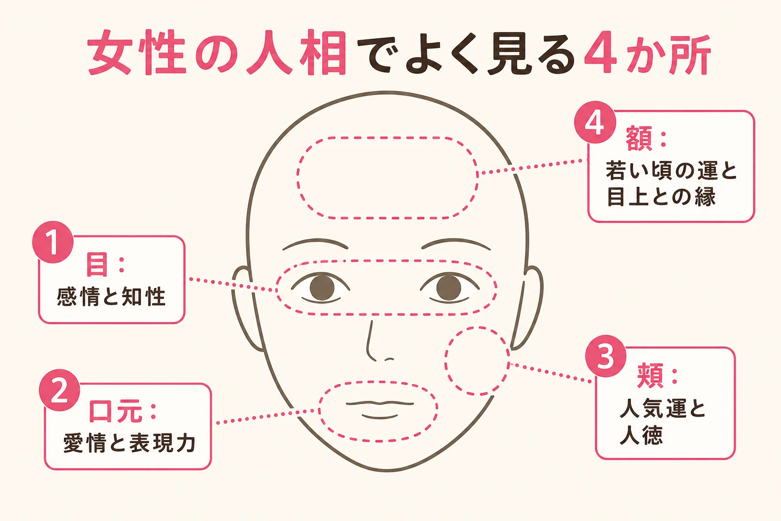 人相学で女性の顔がよく見られる目・口元・頬・額の4か所を、性別や年齢がはっきりしない線画の顔に番号で示した図解