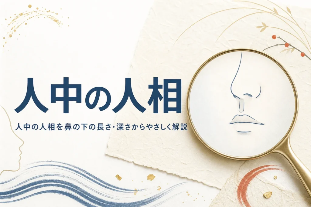 手鏡と鼻・口元の線画に「人中の人相」の文字