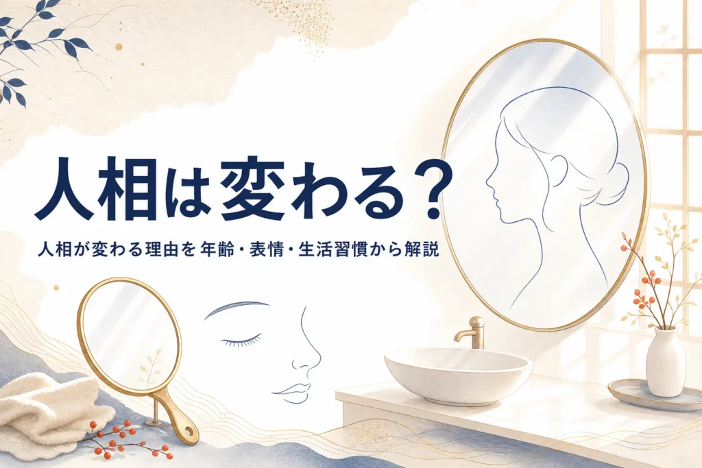 洗面台の鏡と横顔のシルエットの線画と「人相は変わる？」の文字