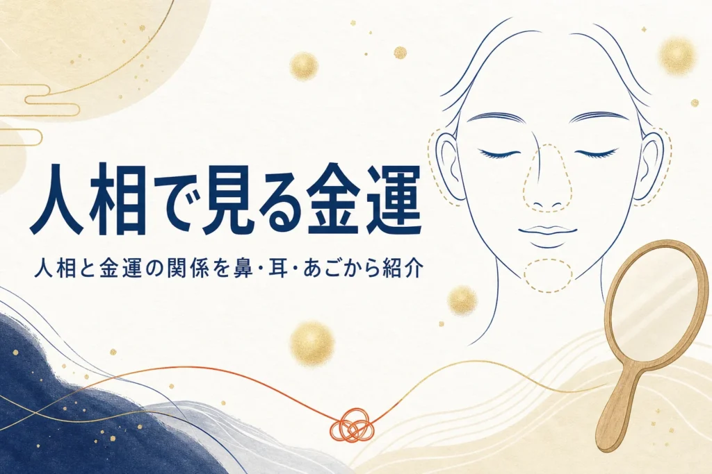手鏡と顔の線画に、人相で見る金運とお金に縁があると言われる顔の特徴を紹介する記事タイトル