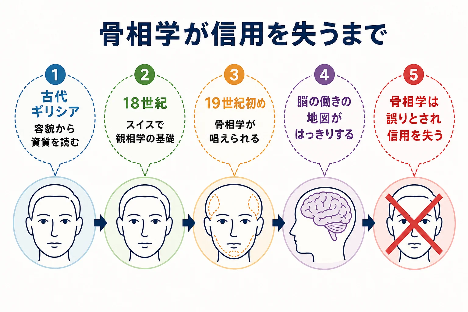 骨相学が生まれてから科学として扱われなくなるまでの流れを示した図解