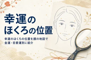 手鏡と正面顔の線画に、幸運のほくろの位置を運別に紹介する記事タイトルを添えたアイキャッチ