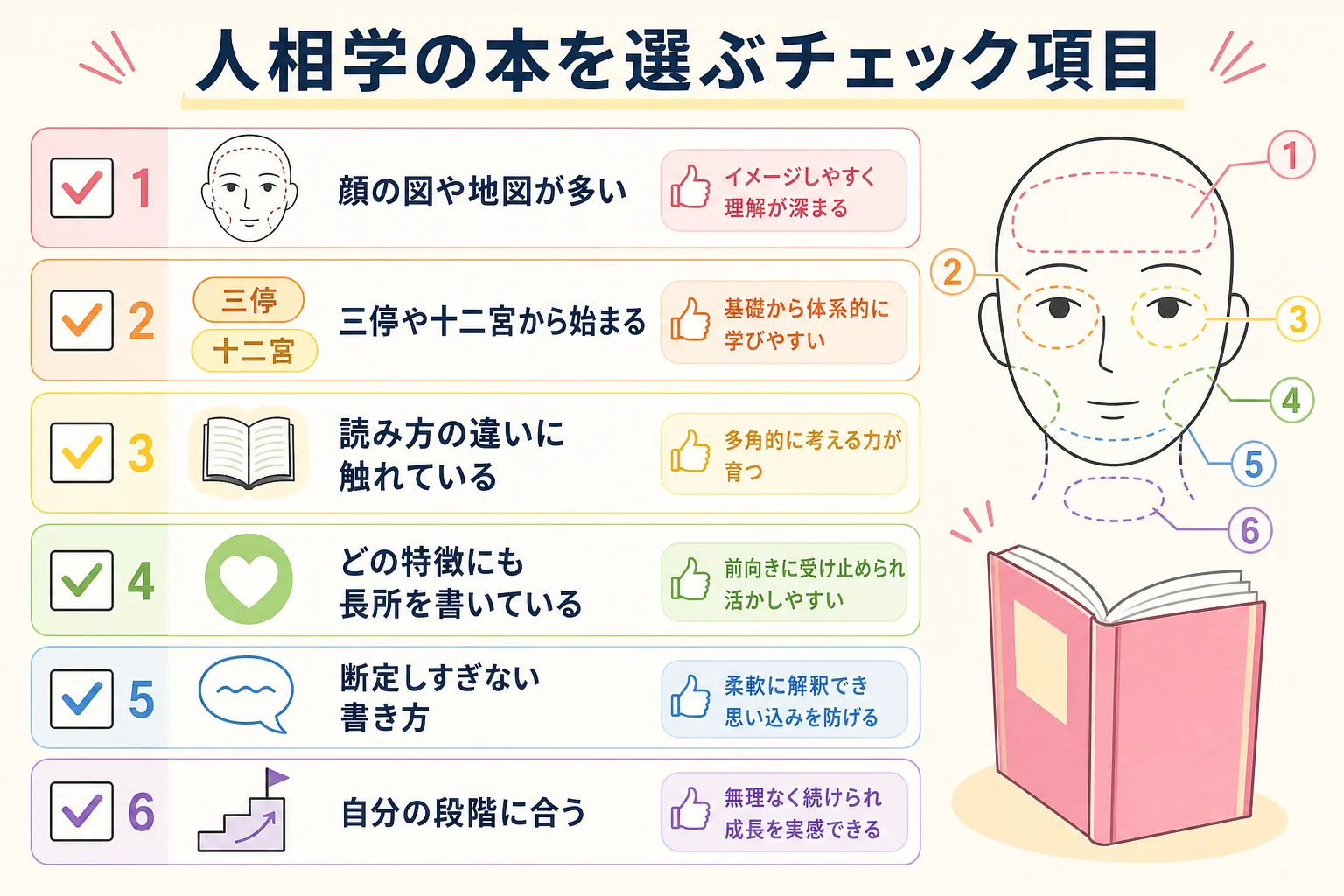 人相学の本を選ぶ時に見たいチェック項目をまとめた図解