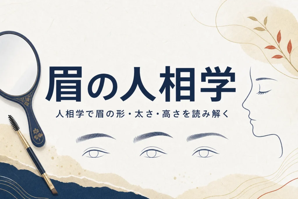手鏡と眉の線画に「眉の人相学」の文字