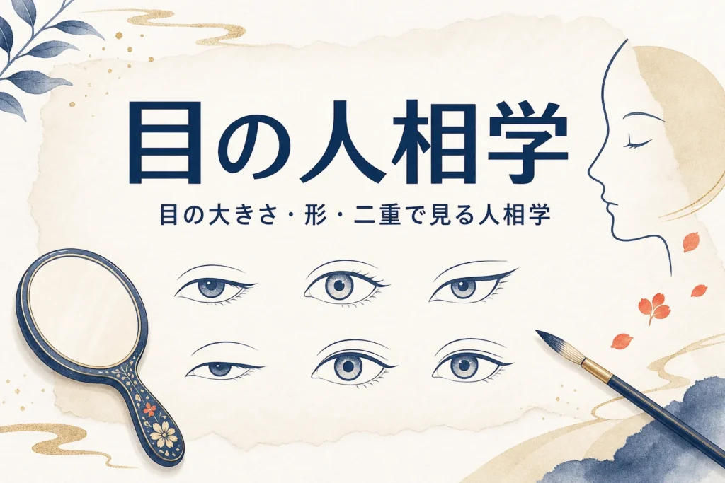 いろいろな形の目の線画と手鏡に「目の人相学」の文字が入ったアイキャッチ