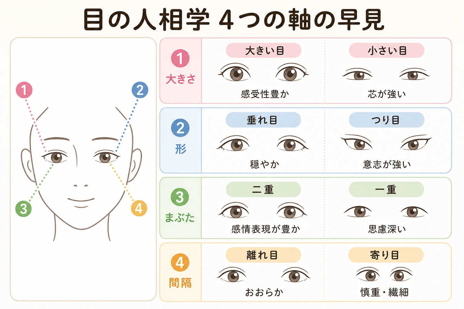 目の人相学で見る大きさ・形・二重・間隔の4つの軸をまとめた図解