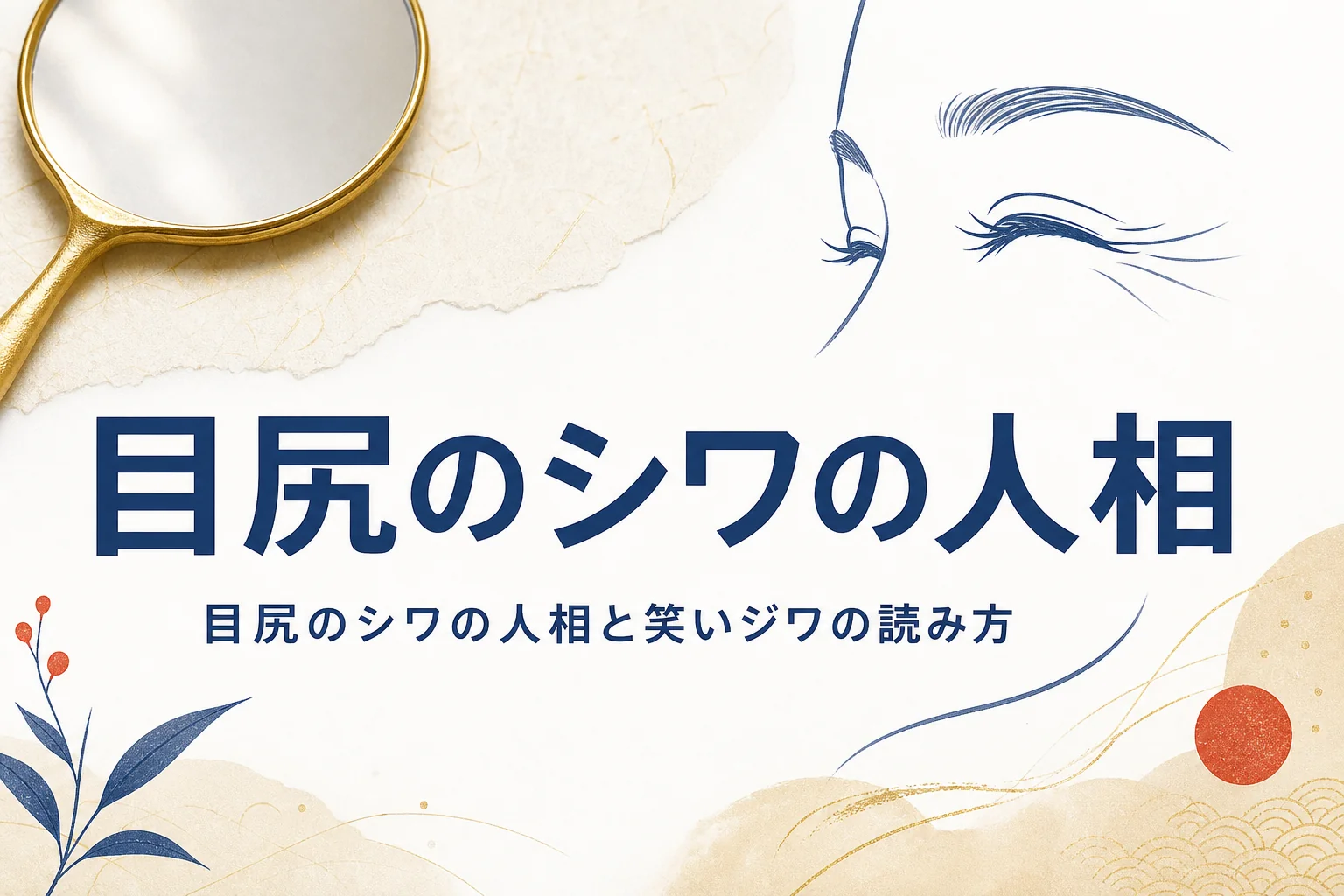 手鏡と笑顔の目元の線画に「目尻のシワの人相」の文字