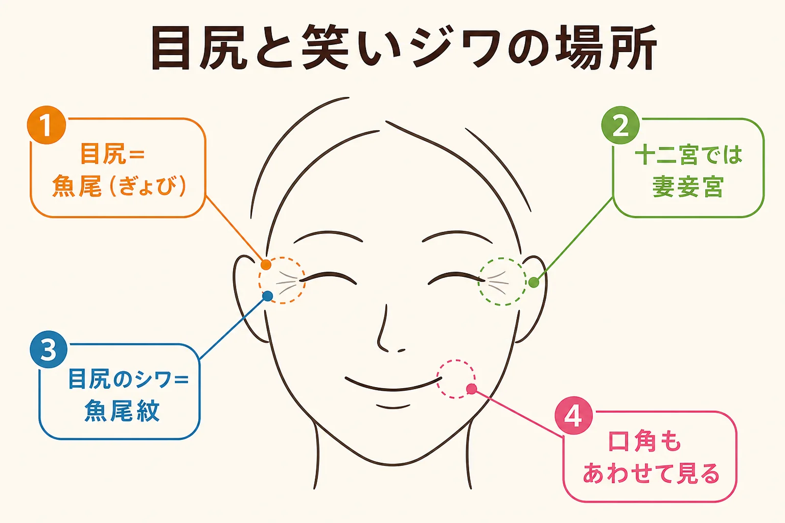 笑った時の目尻のシワと口角を正面顔の線画で示した図解