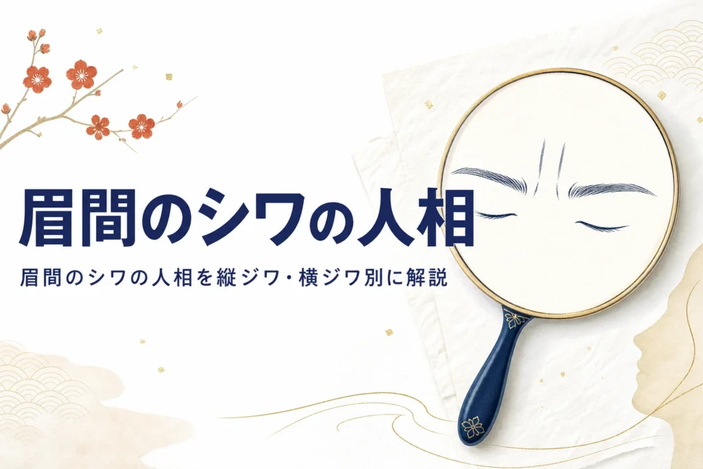 手鏡と眉間の線画に「眉間のシワの人相」の文字