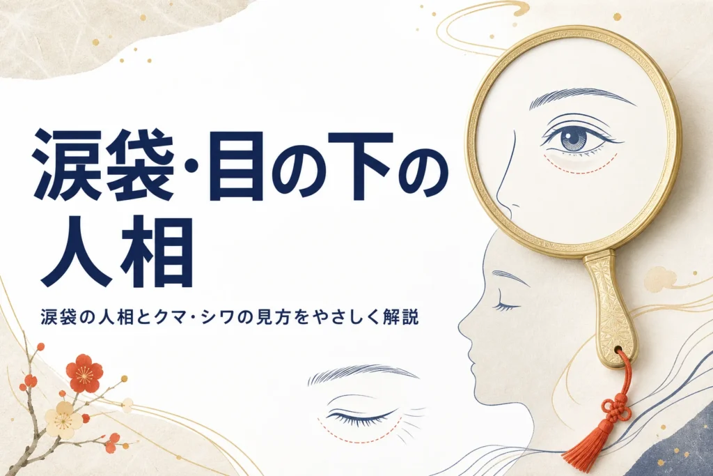 手鏡と目元の線画に「涙袋・目の下の人相」の文字