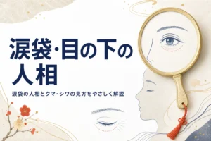 手鏡と目元の線画に「涙袋・目の下の人相」の文字