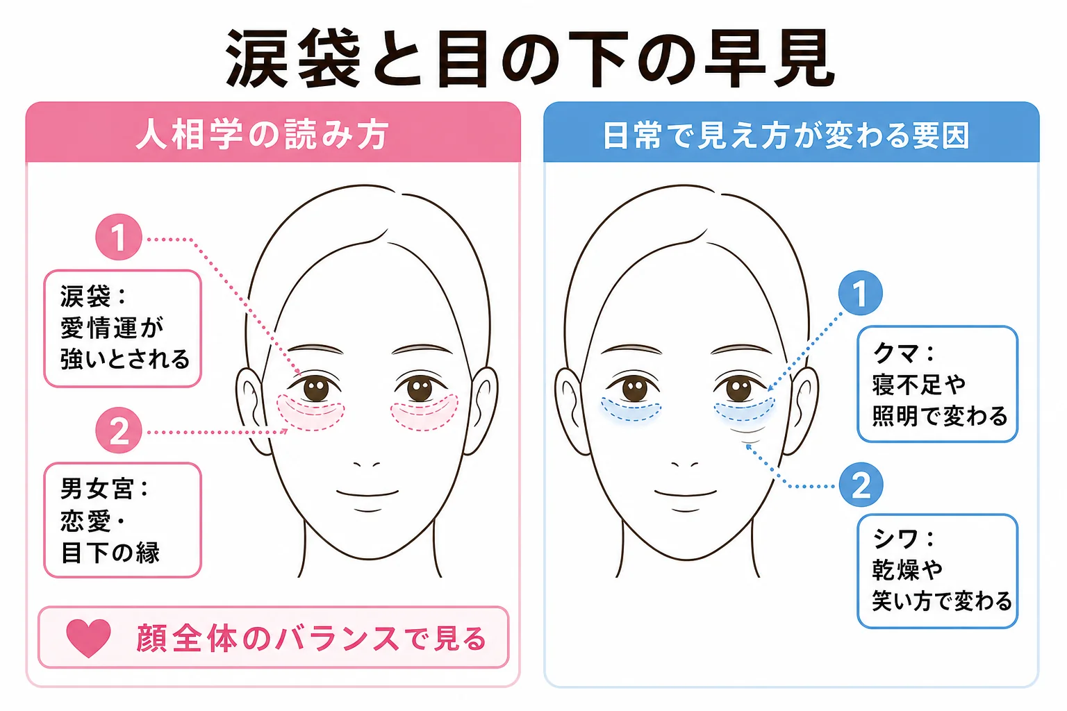 涙袋と目の下を人相学の読み方と日常で変わる要因に分けた早見の図解