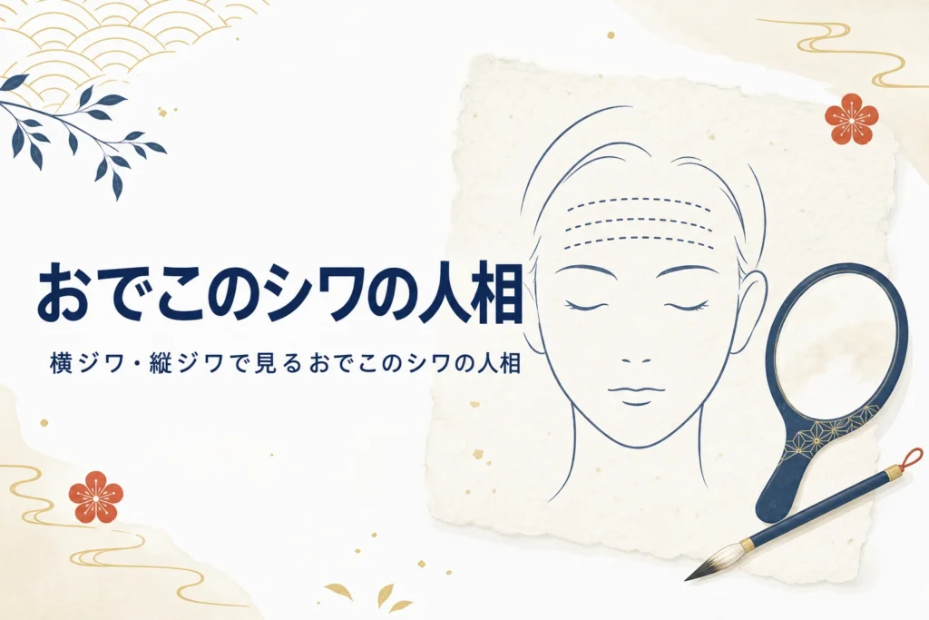 おでこに3本の横線を描いた顔の線画と手鏡に「おでこのシワの人相」の文字が入ったアイキャッチ