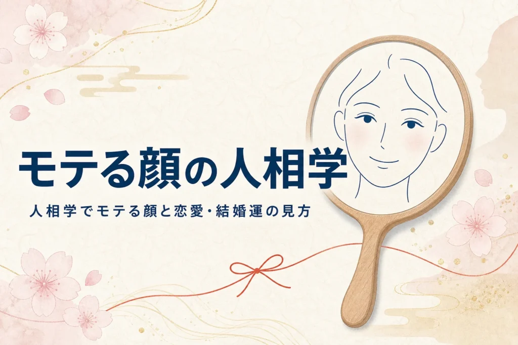 手鏡と笑顔の線画に、人相学でモテる顔と恋愛・結婚運の見方を紹介する記事タイトル