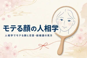 手鏡と笑顔の線画に、人相学でモテる顔と恋愛・結婚運の見方を紹介する記事タイトル