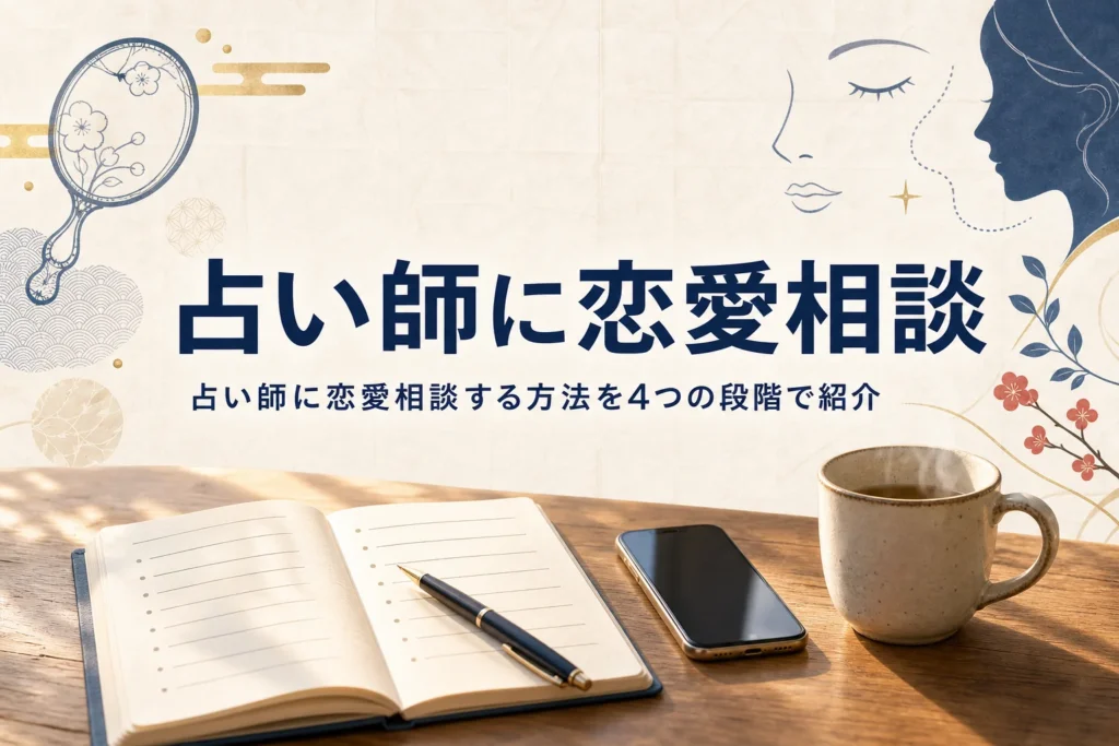 相談前のメモを書いたノートとスマートフォンが置かれた、占い師への恋愛相談の方法を紹介する記事のアイキャッチ