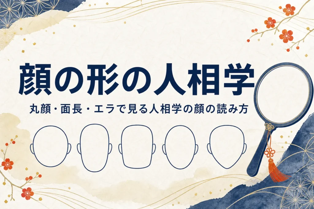 いろいろな顔の輪郭の線画と手鏡に「顔の形の人相学」の文字が入ったアイキャッチ