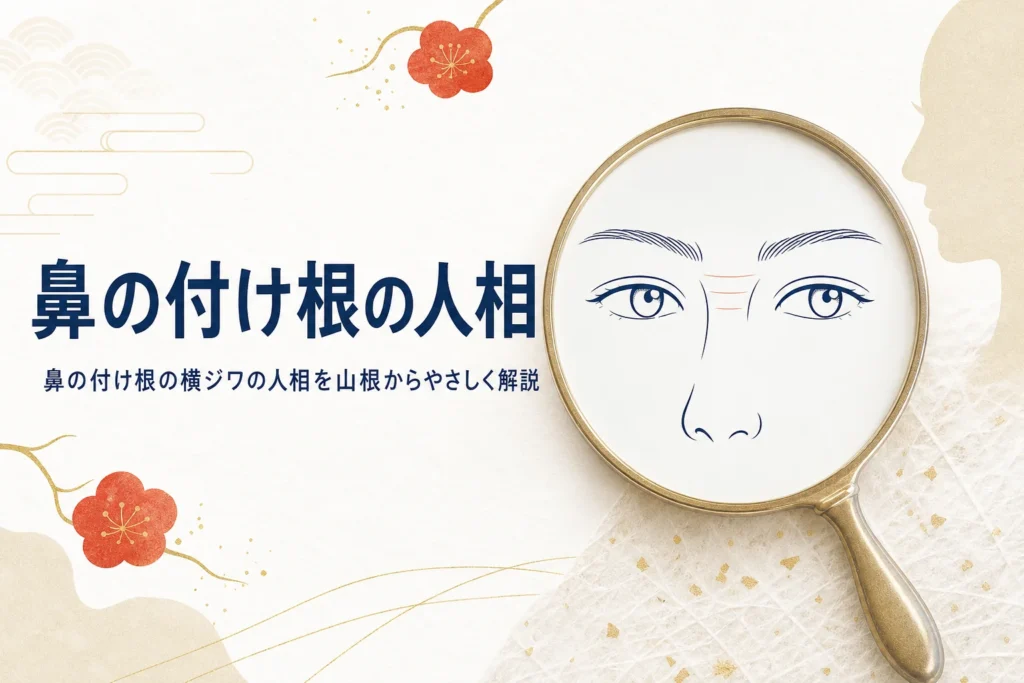 手鏡と目元・鼻の付け根の線画に「鼻の付け根の人相」の文字