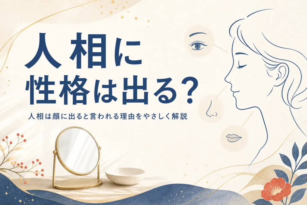手鏡と横顔のシルエットの線画と「人相に性格は出る？」の文字