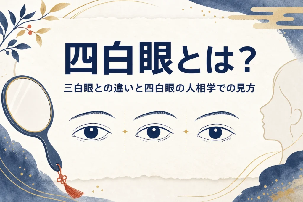 白目の見え方が違う3つの目の線画と手鏡に「四白眼とは？」の文字が入ったアイキャッチ