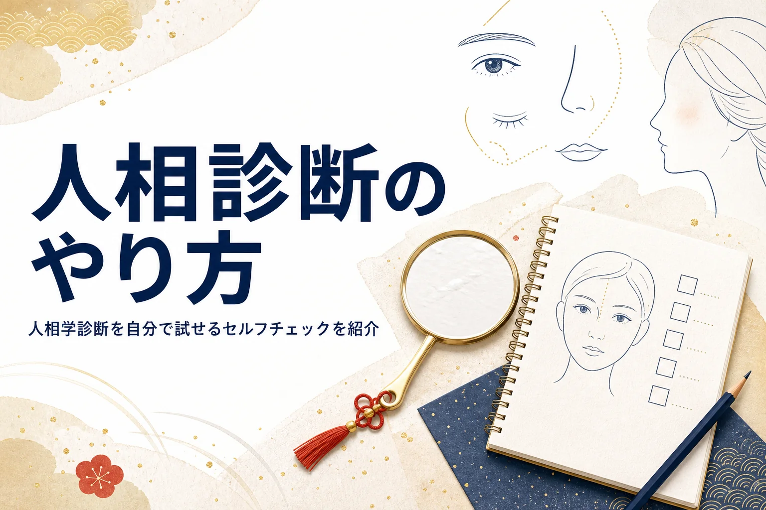 手鏡とチェック欄つきのノートに「人相診断のやり方」の文字が入ったアイキャッチ