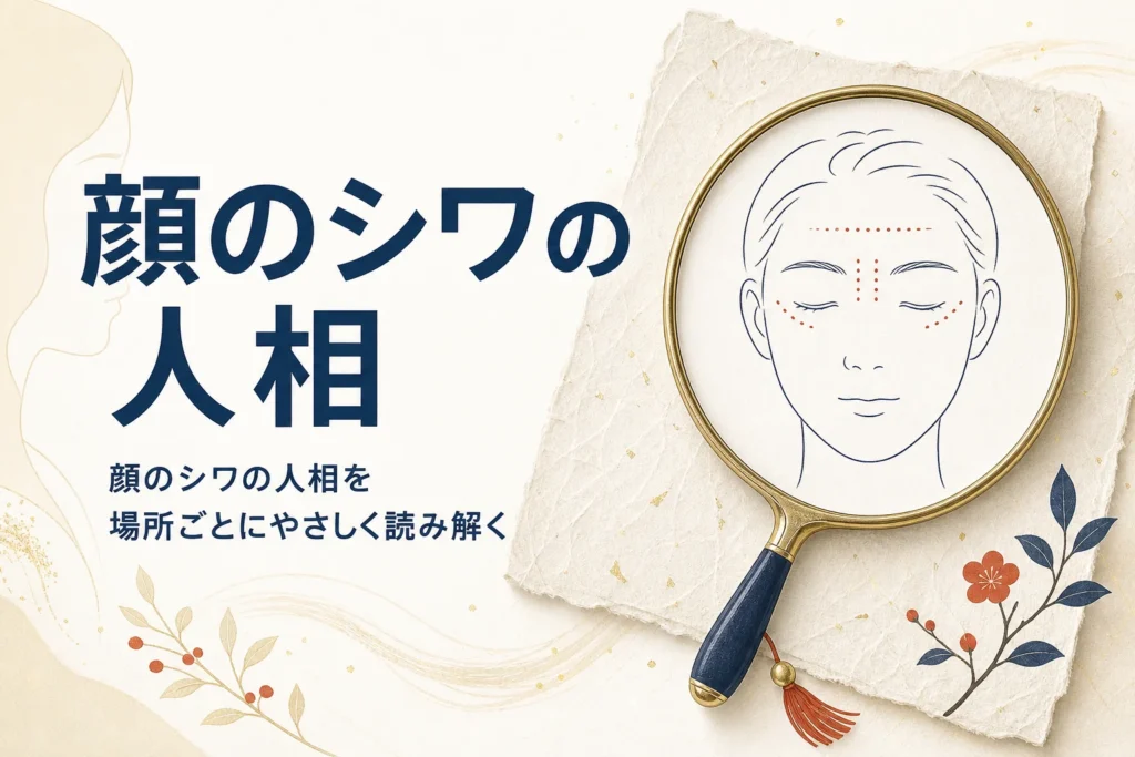 手鏡と正面顔の線画に「顔のシワの人相」の文字が入ったアイキャッチ