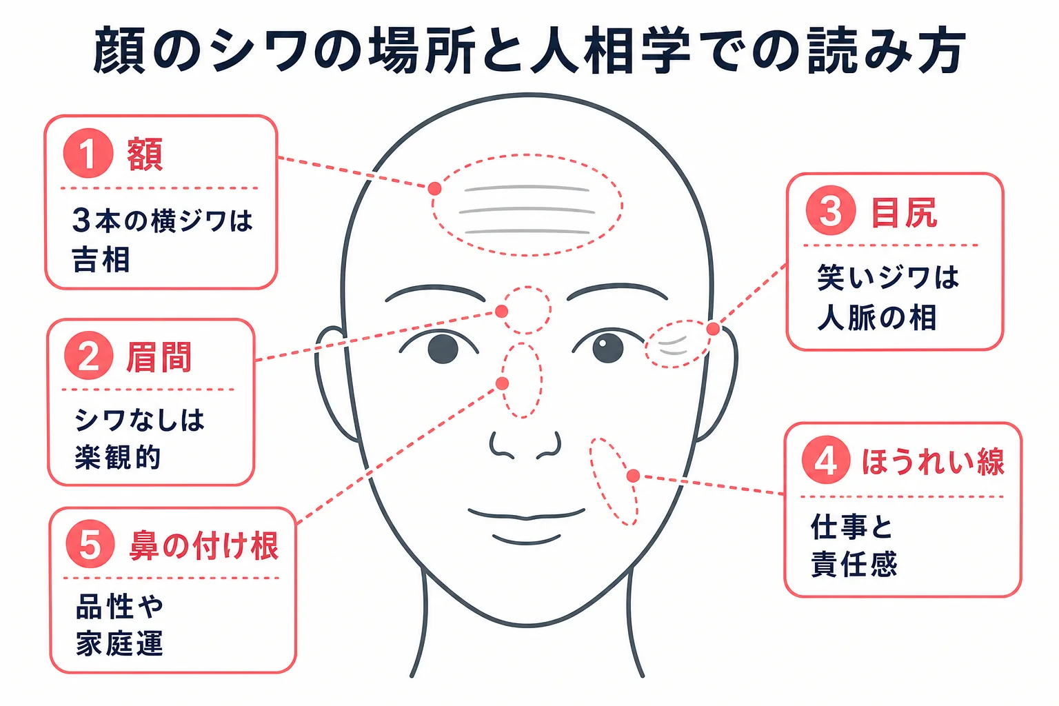 顔のシワの場所と人相学での読み方を正面顔の線画に番号で示した早見図