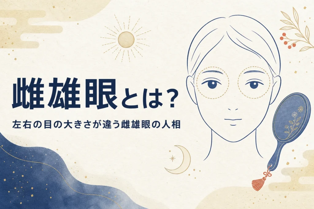 左右の目の大きさが少し違う顔の線画と手鏡に「雌雄眼とは？」の文字が入ったアイキャッチ