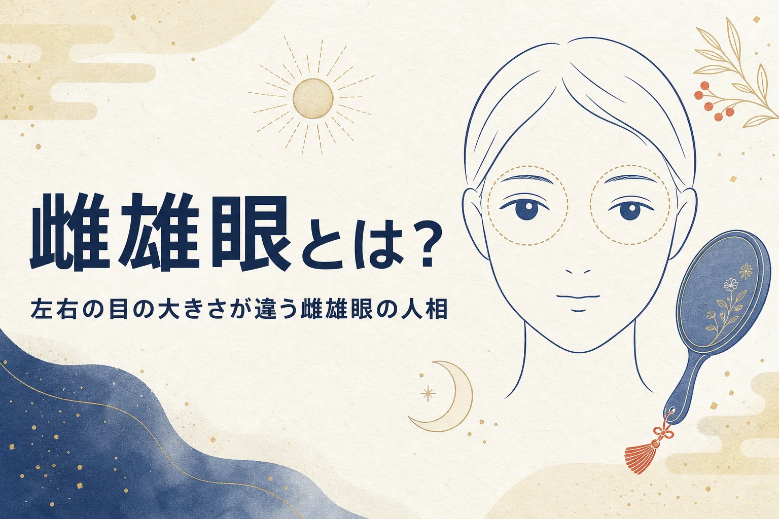 左右の目の大きさが少し違う顔の線画と手鏡に「雌雄眼とは?」の文字が入ったアイキャッチ